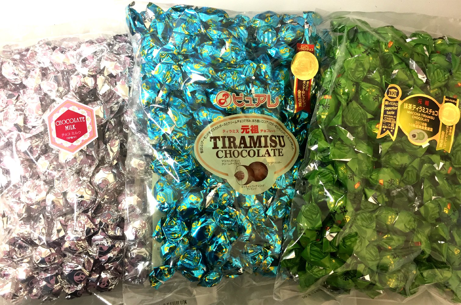 ピュアレ元祖ティラミスチョコ＋抹茶ティラミス＋ミルクココアチョコの 3点セット【業務用サイズ】